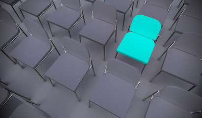 Concept or conceptual blue armchair standing out in a  conference room as a metaphor for leadership, vision and strategy. A 3d illustration of individuality, creativity and achievement