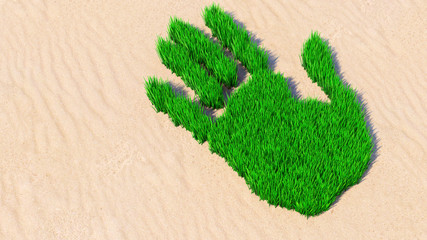 Concept or conceptual green grass handprint on sand background. A metaphor for ecology, environment, recycle, nature conservation, spring summer or protection against global warming 3d illustration