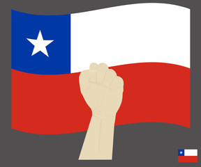 Fist power hand with the Republic of Chile National flag, Fight for Chile  concept, cartoon graphic, sign symbol background, vector illustration.