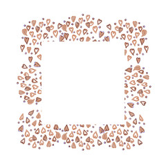 frame of blue and brown hearts on a white background with copy space
