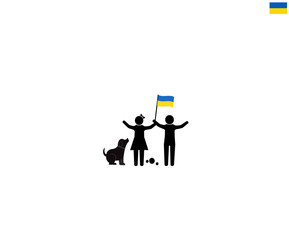 Ukrainian children with national flag of Ukraine, future of Ukraine concept, sign symbol background, vector illustration.