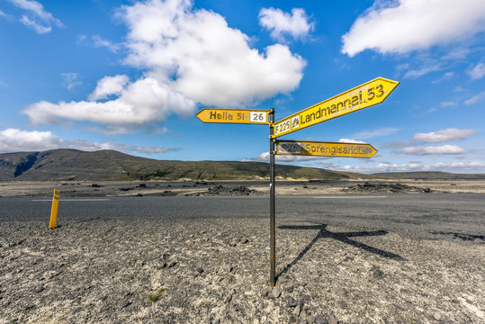 Signpost Landmannalaugar, Sprengisandur, Hella in the barren Icelandic Highlands, Iceland
