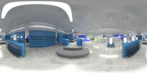 spherical panoramic render of the store, interior visualization, 3D illustration