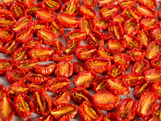 Many dried tomatoes which look different from other normal tomatoes, have gone through a drying process that will make the tomatoes taste more different and will make the food tastier and beautiful