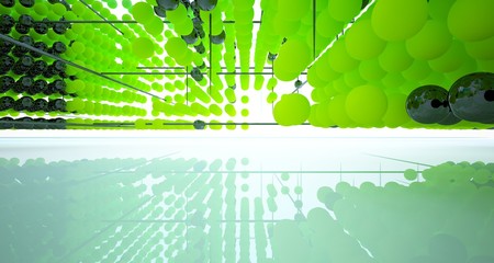 Abstract white and colored gradient  interior multilevel public space from array spheres with window. 3D illustration and rendering.