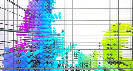 Abstract white and colored gradient  interior multilevel public space from array spheres with window. 3D illustration and rendering.