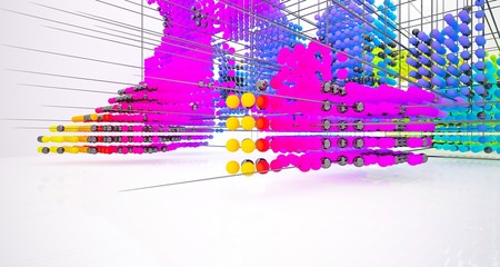Abstract white and colored gradient  interior multilevel public space from array spheres with window. 3D illustration and rendering.