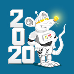 White robot rat on a blue background symbol of the new year.