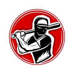 Sports icon with a baseball player in a red circle on a white background.