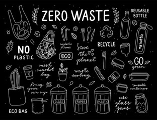 Ecological lifestyle graphic vector collection on black background. Hand drawn zero waste set. Go green illustrations. Reduce and recycle concept