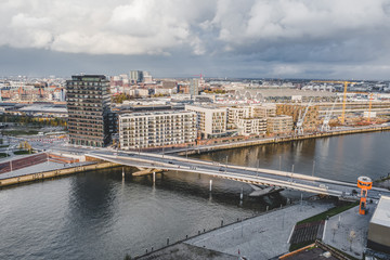 Aerial drone view of Hafencity University near Port of Hamburg before sunset