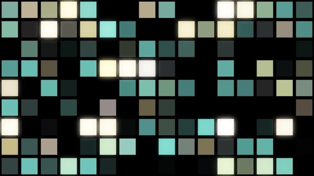 Twinkling horizontal small squared background, seamless loop. Animation. Many parallel rows of blinking flat shining squares.