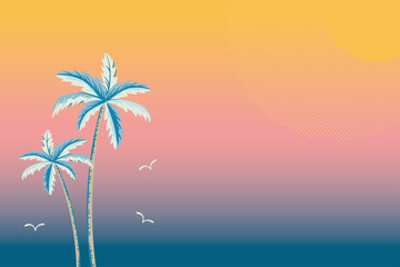 Fototapeta na wymiar Background illustration of palm trees on sunset or sunrise gradient color