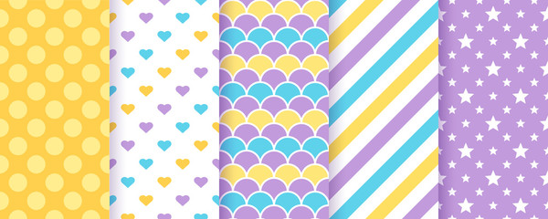 Seamless pattern for scrapbooking. Vector. Cute background. Set textures with polka dots, stripe, zigzag, triangle, crown. Chic packing paper. Trendy print. Modern pastel illustration. Color backdrop
