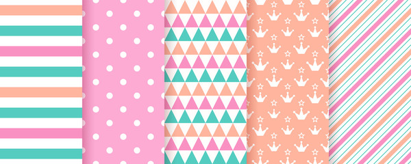Scrapbooking paper. Seamless pattern. Vector. Cute background. Set textures with polka dots, heart, stripe, fish scale, star. Chic trendy print. Modern pastel illustration. Color geometric backdrop