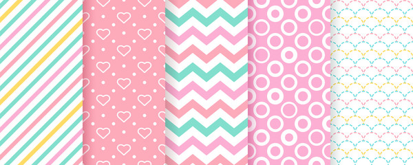 Scrapbook background. Seamless pattern. Vector. Set cute texture with stripes, hearts, polka dot, zig zag, fish scale. Chic trendy print. Modern packing paper. Pastel illustration. Color backdrop