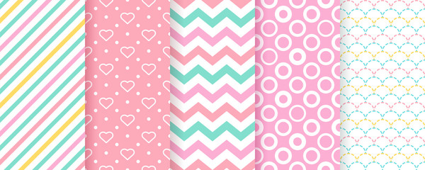Scrapbook background. Seamless pattern. Vector. Set cute texture with stripes, hearts, polka dot, zig zag, fish scale. Chic trendy print. Modern packing paper. Pastel illustration. Color backdrop