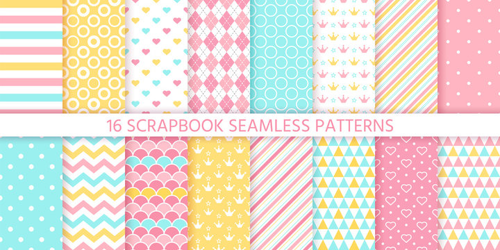 Scrapbook seamless pattern. Vector. Cute birthday prints. Set textures with polka dot, stripe, zigzag, heart, crown, fish scale. Pastel illustration. Retro background. Geometric trendy color backdrop.