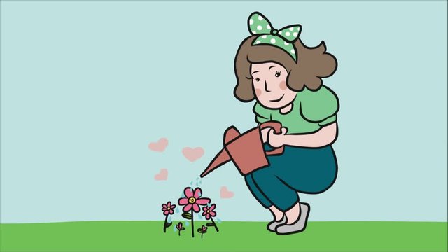 Woman watering flower in garden cartoon
