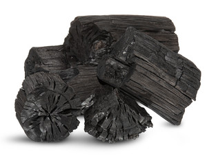 Traditional charcoal or hardwood charcoal isolated on white background. Natural wood charcoal.