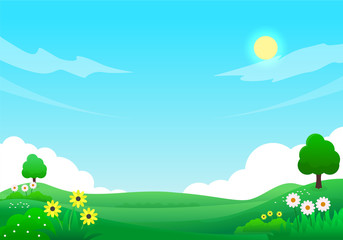 Nature summer landscape cartoon vector illustration with bright sky, trees and flowers suitable for background 