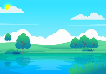 Gordijnen Lake landscape vector illustration with some trees, meadow and bright sky suitable for background or wallpaper © Muhamad