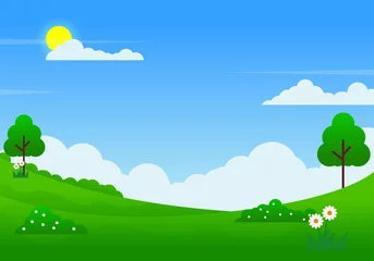 Fototapeten Hill vector landscape illustration with blue sky, trees, flowers and meadow suitable for background  © Muhamad