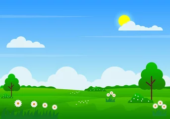 Fotobehang Zomer landschap vectorillustratie met blauwe lucht, wolken, zon, groene weide, bloemen en bomen geschikt voor kinderen background © Muhamad