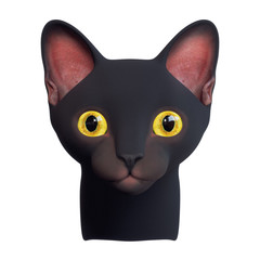 Head of a cute black cat with wide open yellow eyes. Glorious face of witch cat icon. Character design cartoon funny cat. Animal portrait. 3d digital illustration isolated on white background