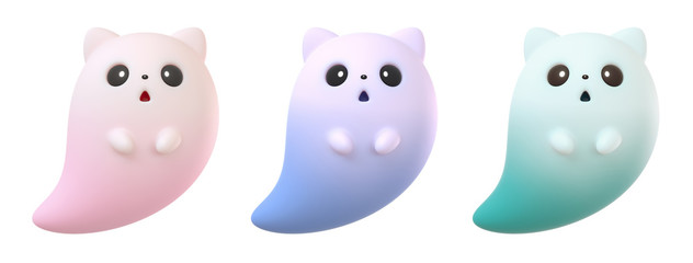Obraz premium Collection of cute cartoon ghost cat floating in the air. Concept art flying kawaii ghost character with open mouth, cat ears, big black eyes. Game icon. 3d illustration isolated on white background