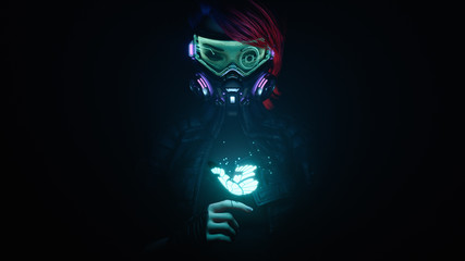 3d illustration of a cyberpunk girl in futuristic gas mask with protective green glasses and filters in jacket looking at the glowing butterfly landed on her finger in a night scene with air pollution © roman3d