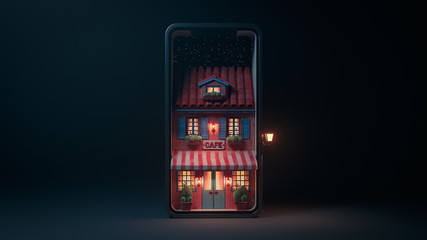 3d illustration night scene of cafe with striped awning, blue shutters and door on smartphone screen with stars. Concept art online cafe reservation. Yellow light from the windows late in the evening.
