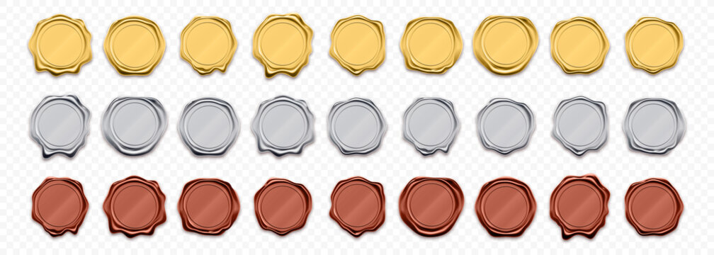 Wax seals, golden and silver stamps, vector realistic warranty labels. Shiny gold and red wax stamp seals templates, quality warranty and guarantee certificates