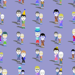 Seamless pattern without a mask. Many standing pairs of people in colorful clothes with shadows