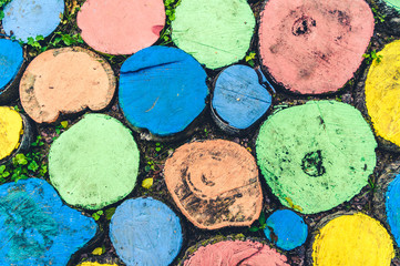 Abstract pattern of round shaped multi-colored tree stumps