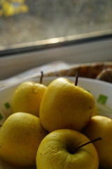 Old natural yellow apples in a plate on a windowsill