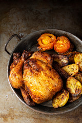 close up of rustic golden roasted whole chicken
