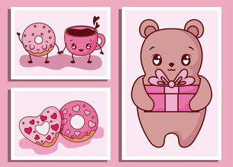 Bear cartoon donuts and coffe cup of valentines day vector design