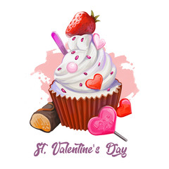 St. Valentine's day holiday greeting card with cupcake or muffin topped by raspberry and chocolate lollipop in shape of heart. Digital art illustration of postcard on February 14, sweet present.