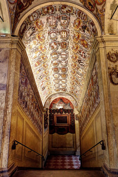 Bologna - Italy, December 2019, touristic city landscape, Archiginnasio library, heraldy details