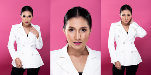 Collage Group pack Portrait of Asian Business Woman wear White Formal Blazzer Suit, chat and work on smart mobile phone, studio lighting Pink background isolated, Lawyer Boss act posing look 360 aroun