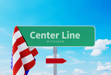 Center Line – Michigan. Road or Town Sign. Flag of the united states. Blue Sky. Red arrow shows the direction in the city. 3d rendering