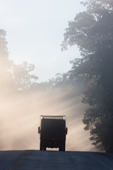 A dump truck on a very foggy morning with sunlight bursting through the trees.