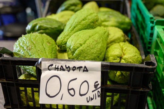 Chayota vegetable peer on local market on Tenerife island, Canary islands, Spain