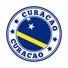 Curacao sign with flag in a round logo. Vector illustration of the Caribbean island's emblem.