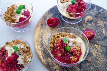 Fresh bright red plum crumble in the dessert bowl