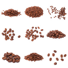 collage of Coffee beans isolated on a white background area for copy space.