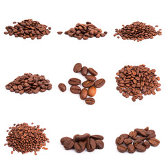collage of Coffee beans isolated on a white background area for copy space.