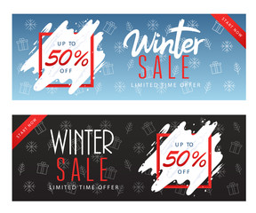 Winter sale banners set with snowflakes in paper style with discount and text. Flat style. Vector illustration