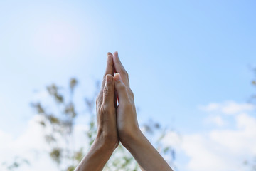 Hand up of female in garden nature  background teamwork concept.